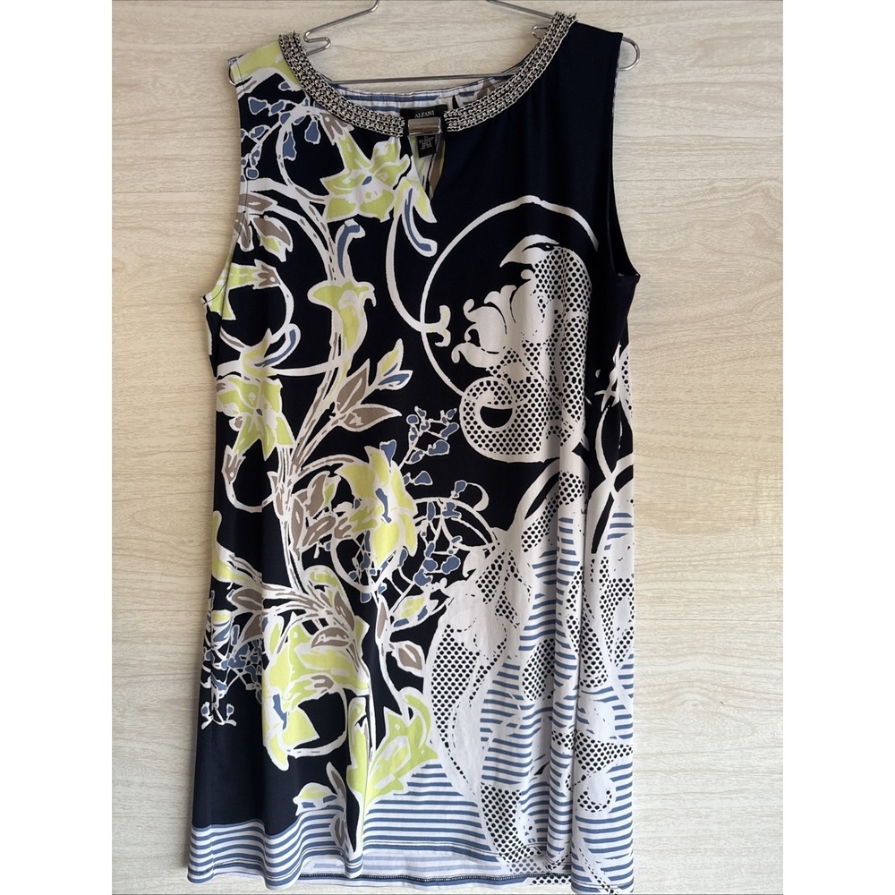 Alfani sleeveless shift dress Navy White & Lime Green Dress Rhinestones SzXL